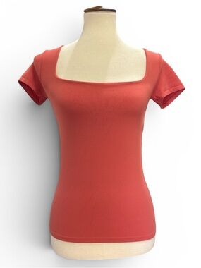 Free People Square Neck Short Sleeve Top in Coral Red-Orange #509